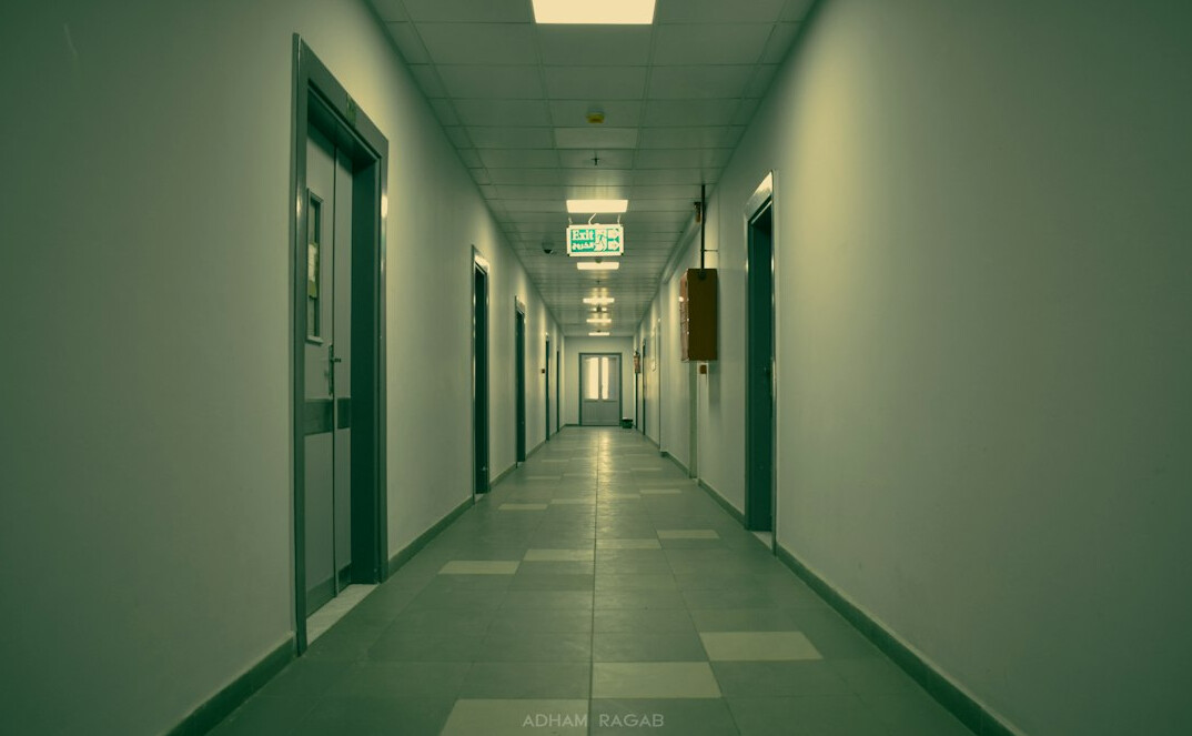 Bright modern hospital corridor with large windows and plants